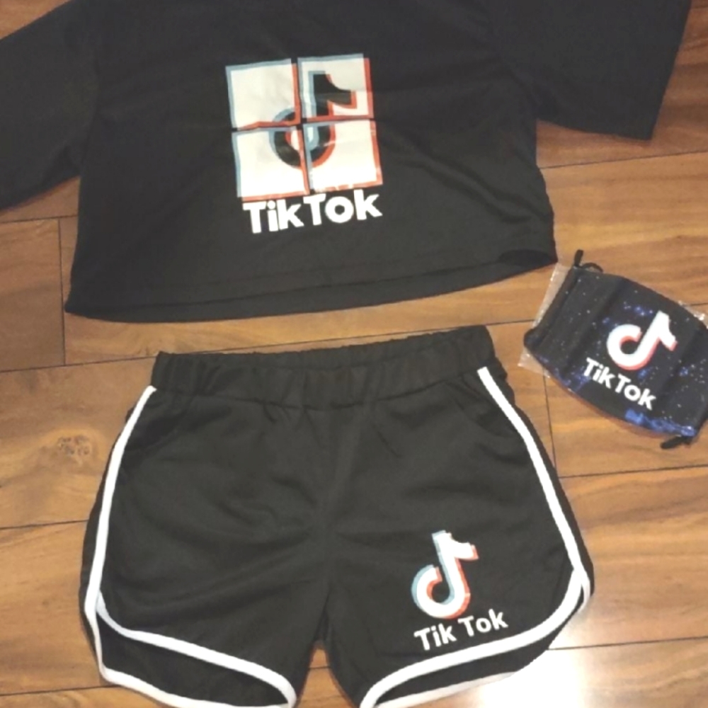 Tik Tok Crop Top Shorts Set With Face Mask